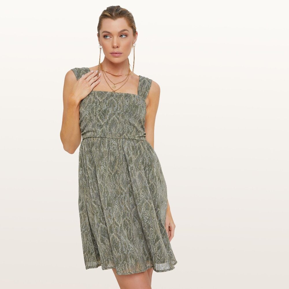 Olive Snake Print Mini Dress Square Neck Summer Dress